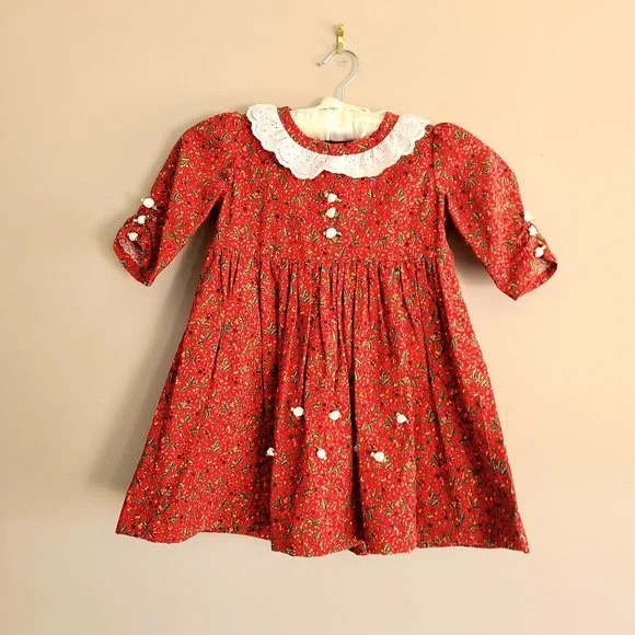 Hand made girls red dress with little roses and white lace collar. - Picture 1 of 5